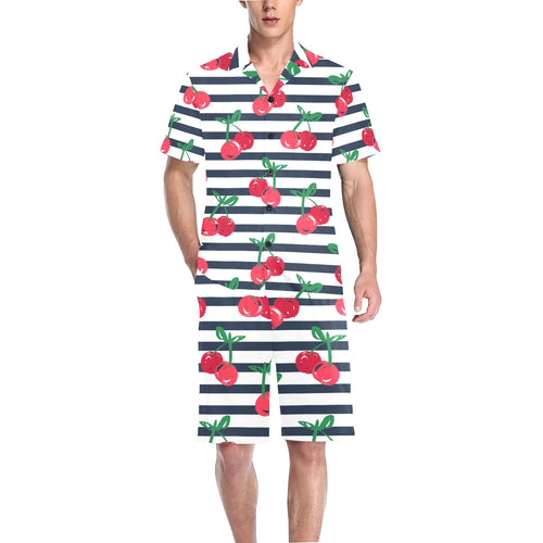 Hand drawn cherry pattern striped background Men's V-Neck Short Pajama Set