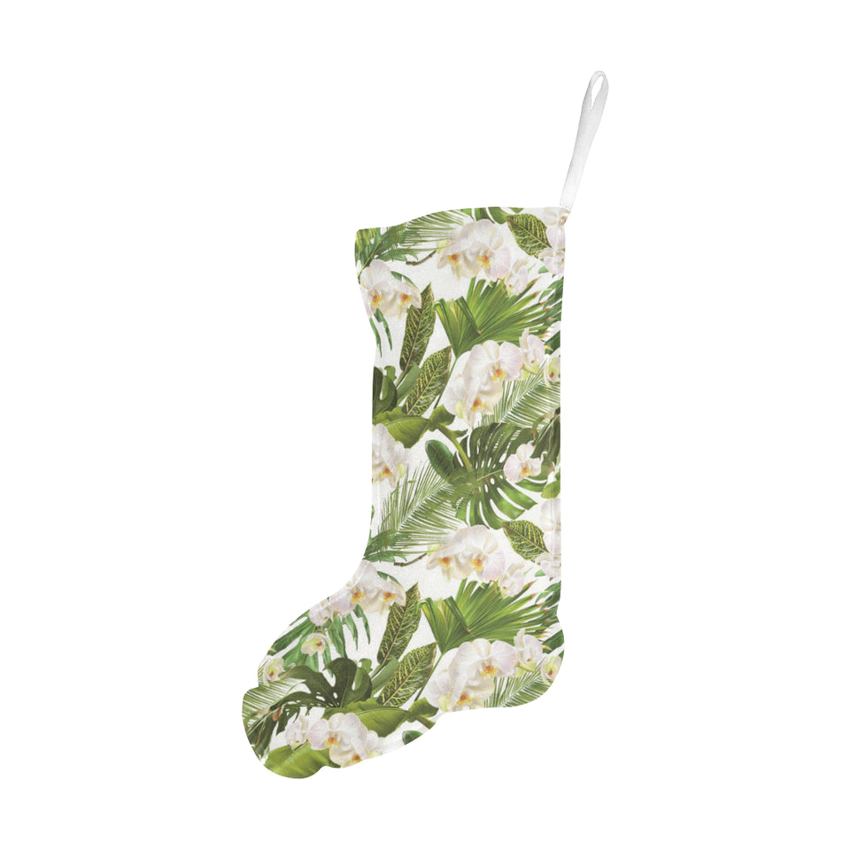 White orchid flower tropical leaves pattern Christmas Stocking