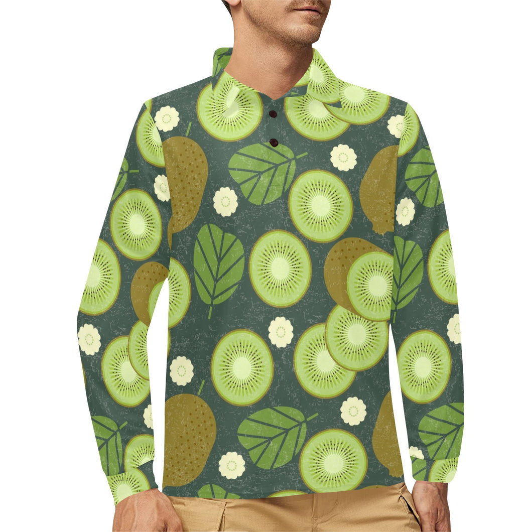 Whole sliced kiwi leave and flower Men's Long Sleeve Polo Shirt