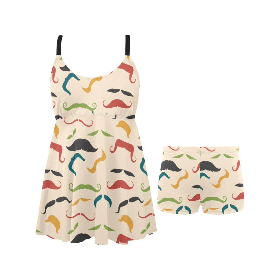 Mustache Beard Pattern Print Design 03 Chest Sexy Pleated Two Piece Swim Dress