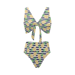 Pineapples pattern striped background Chest Bowknot High Waisted Bikini Swimsuit