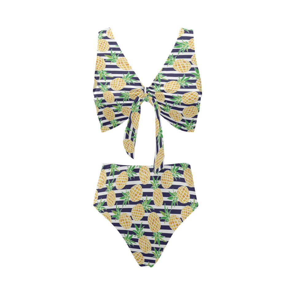 Pineapples pattern striped background Chest Bowknot High Waisted Bikini Swimsuit