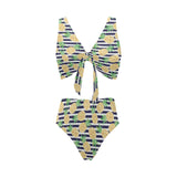 Pineapples pattern striped background Chest Bowknot High Waisted Bikini Swimsuit