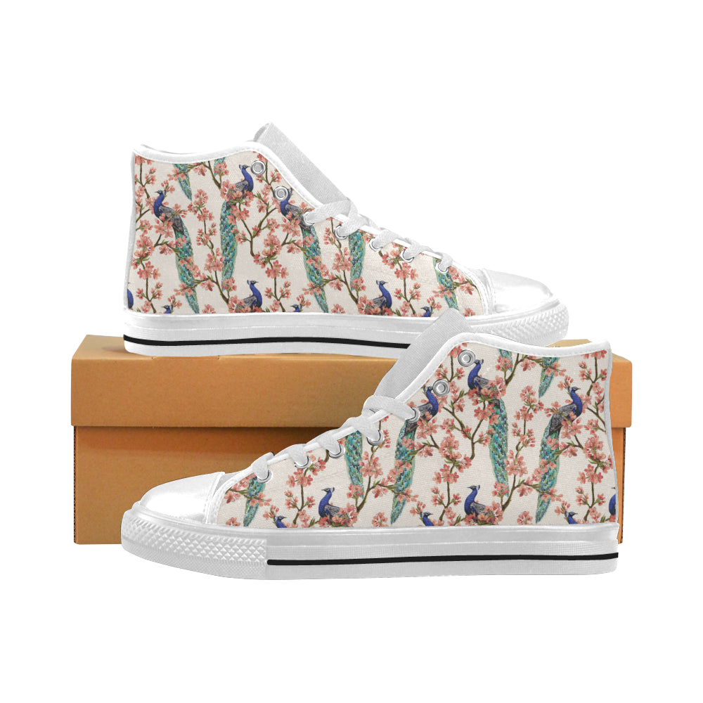 Peacock tropical flower pattern Men's High Top Canvas Shoes White