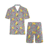 Cute yellow monkey leaves pattern Men's V-Neck Short Pajama Set