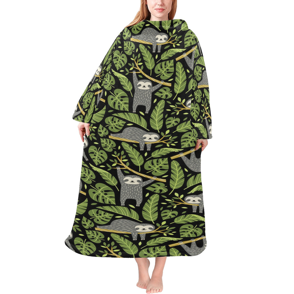 Cute sloths tropical palm leaves black background Blanket Robe with Sleeves