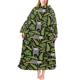 Cute sloths tropical palm leaves black background Blanket Robe with Sleeves