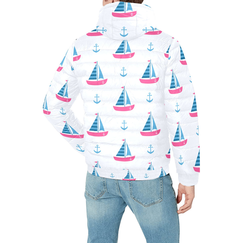 Sailboat anchor pattern Men's Padded Hooded Jacket