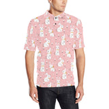 Cute white rabbit flower pink background Men's All Over Print Polo Shirt