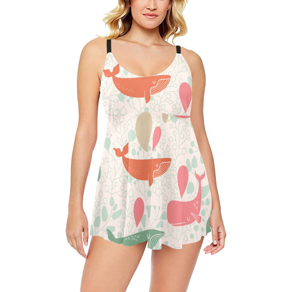 Cute whale pattern Chest Sexy Pleated Two Piece Swim Dress