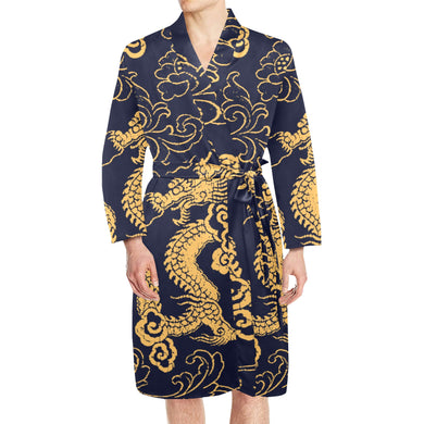 Gold dragon pattern Men's Long Sleeve Belted Night Robe