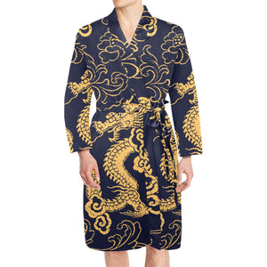 Gold dragon pattern Men's Long Sleeve Belted Night Robe