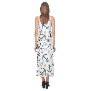 Anchors Rudders pattern V-Neck Open Fork Long Dress