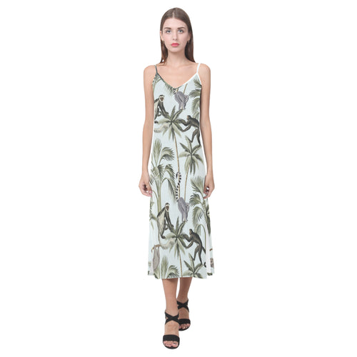 Monkey sloth lemur palm trees pattern V-Neck Open Fork Long Dress
