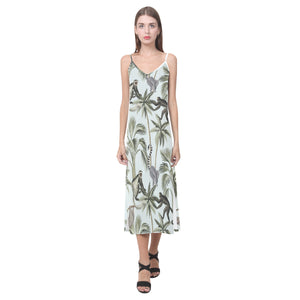 Monkey sloth lemur palm trees pattern V-Neck Open Fork Long Dress