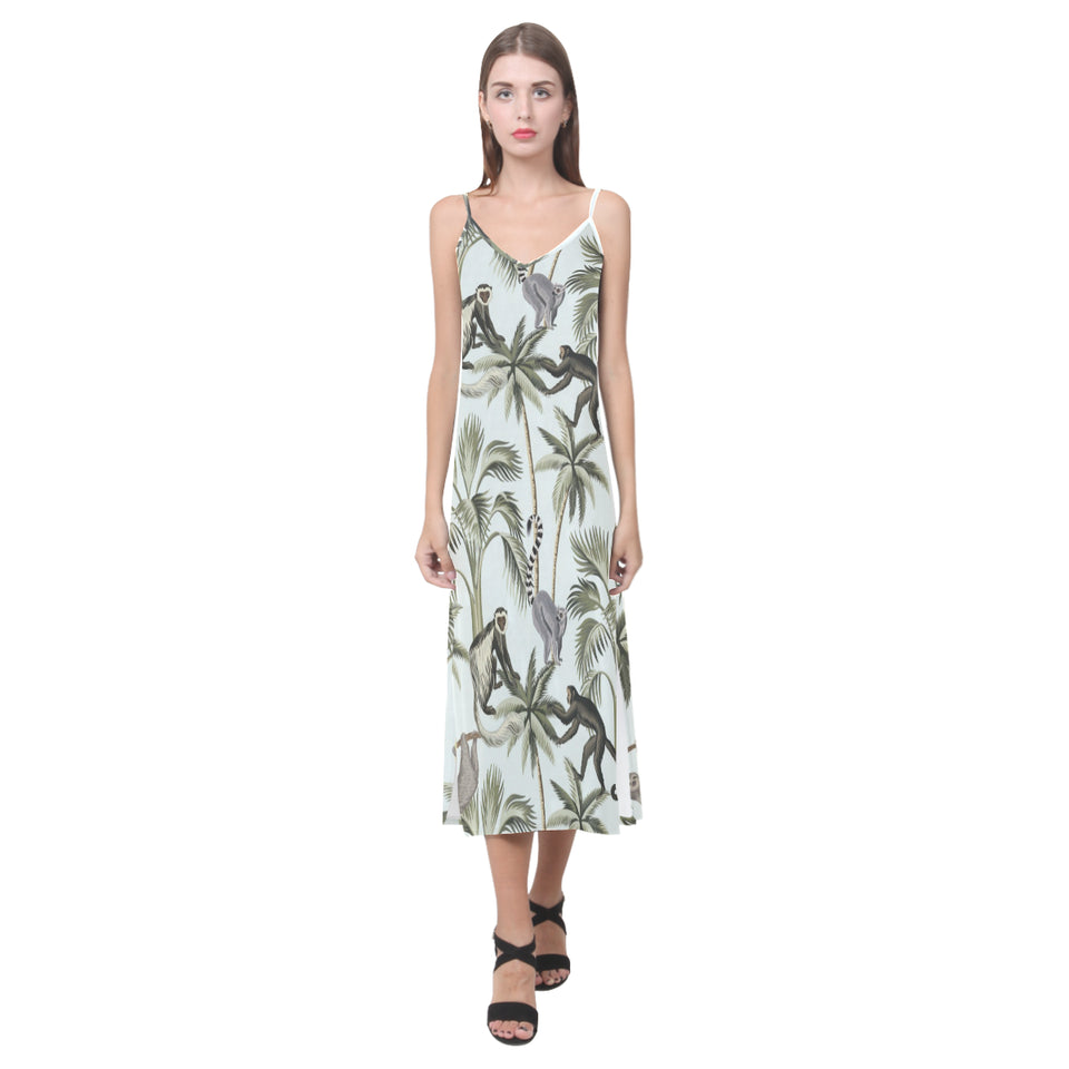 Monkey sloth lemur palm trees pattern V-Neck Open Fork Long Dress