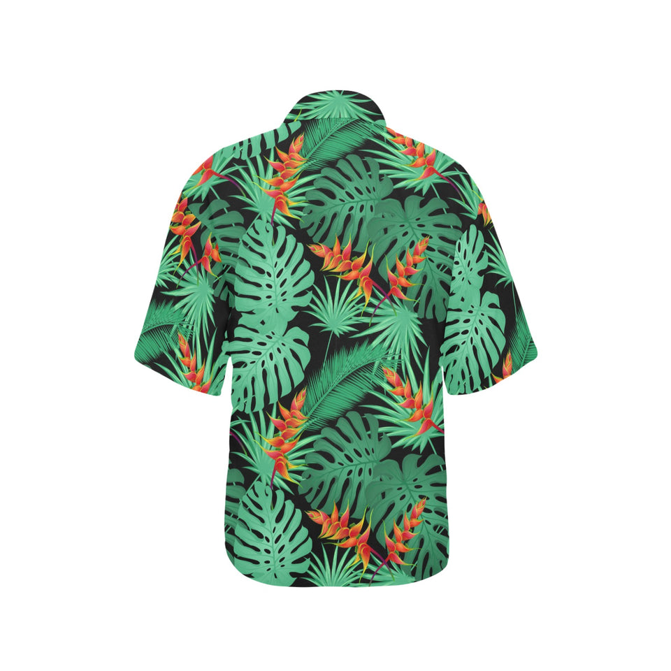 heliconia flower palm monstera leaves black backgr Women's All Over Print Hawaiian Shirt