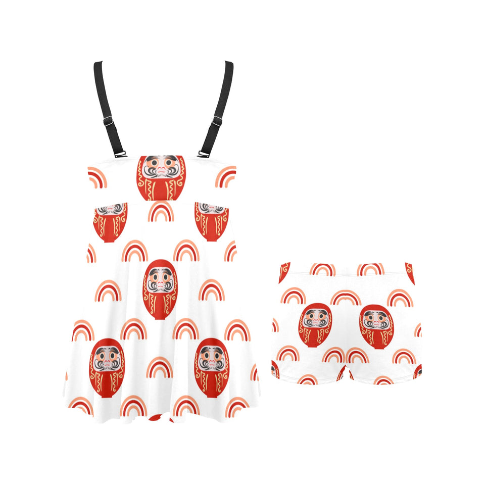 Daruma japanese wooden doll design pattern Chest Sexy Pleated Two Piece Swim Dress