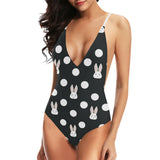 Cute white rabbit polka dots black background Women's One-Piece Swimsuit