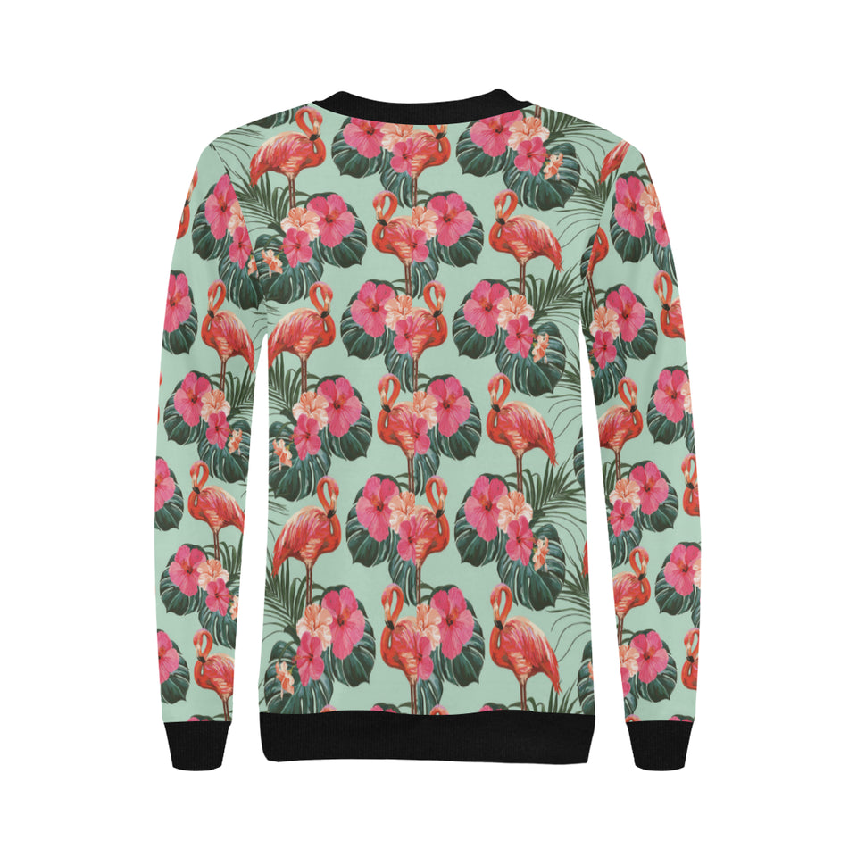 Beautiful flamingo tropical palm leaves hibiscus p Women's Crew Neck Sweatshirt