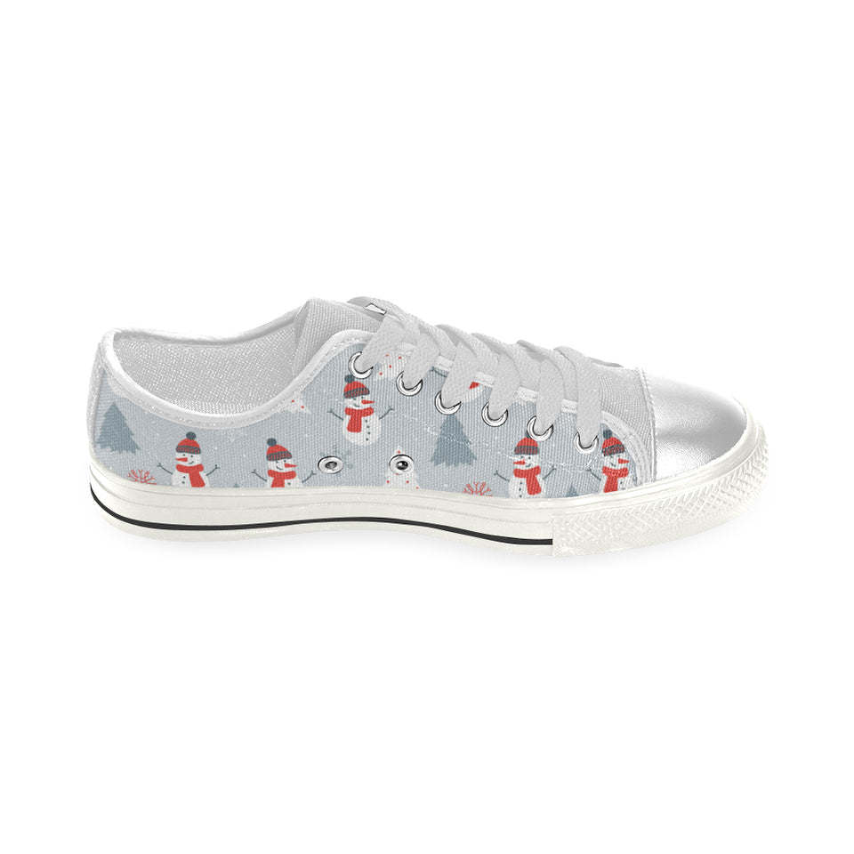 Snowman christmas  tree snow gray background Women's Low Top Canvas Shoes White