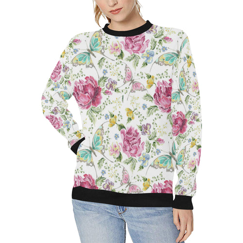 Hand drawn butterfly rose Women's Crew Neck Sweatshirt