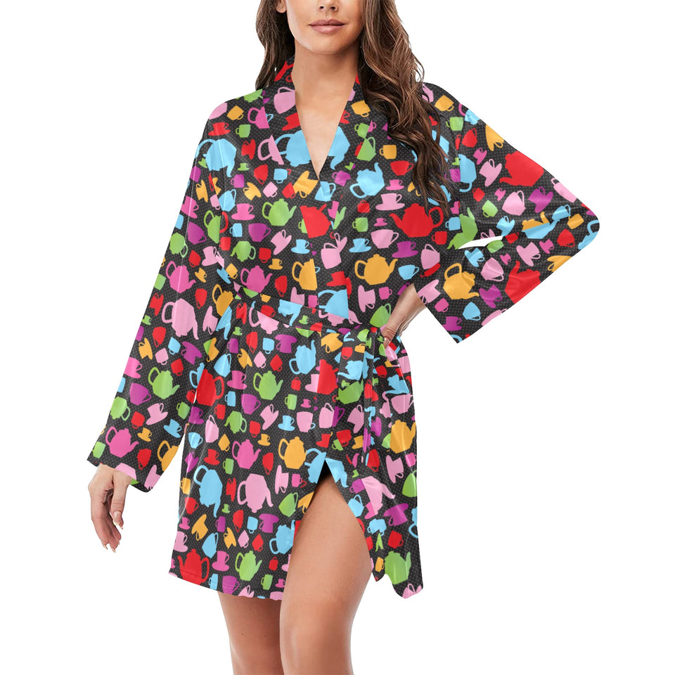 Tea pots Pattern Print Design 01 Women's Long Sleeve Belted Night Robe