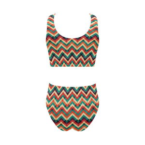 zigzag chevron colorful pattern Chest Bowknot High Waisted Bikini Swimsuit