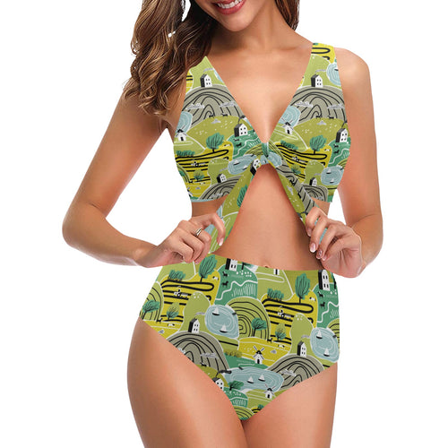 Hand drawn windmill pattern Chest Bowknot High Waisted Bikini Swimsuit