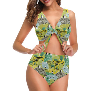 Hand drawn windmill pattern Chest Bowknot High Waisted Bikini Swimsuit