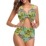 Hand drawn windmill pattern Chest Bowknot High Waisted Bikini Swimsuit