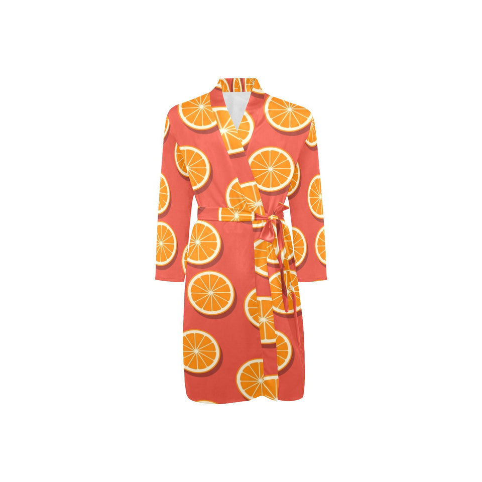 Oranges pattern red background Men's Long Sleeve Belted Night Robe
