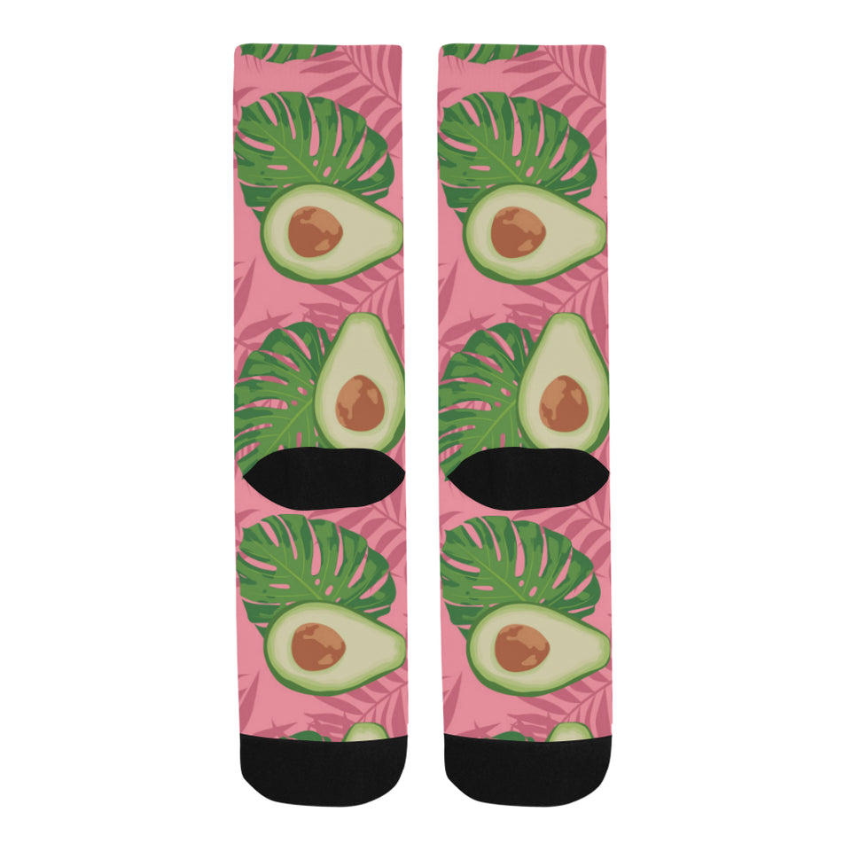 Avocado slices leaves pink back ground Crew Socks