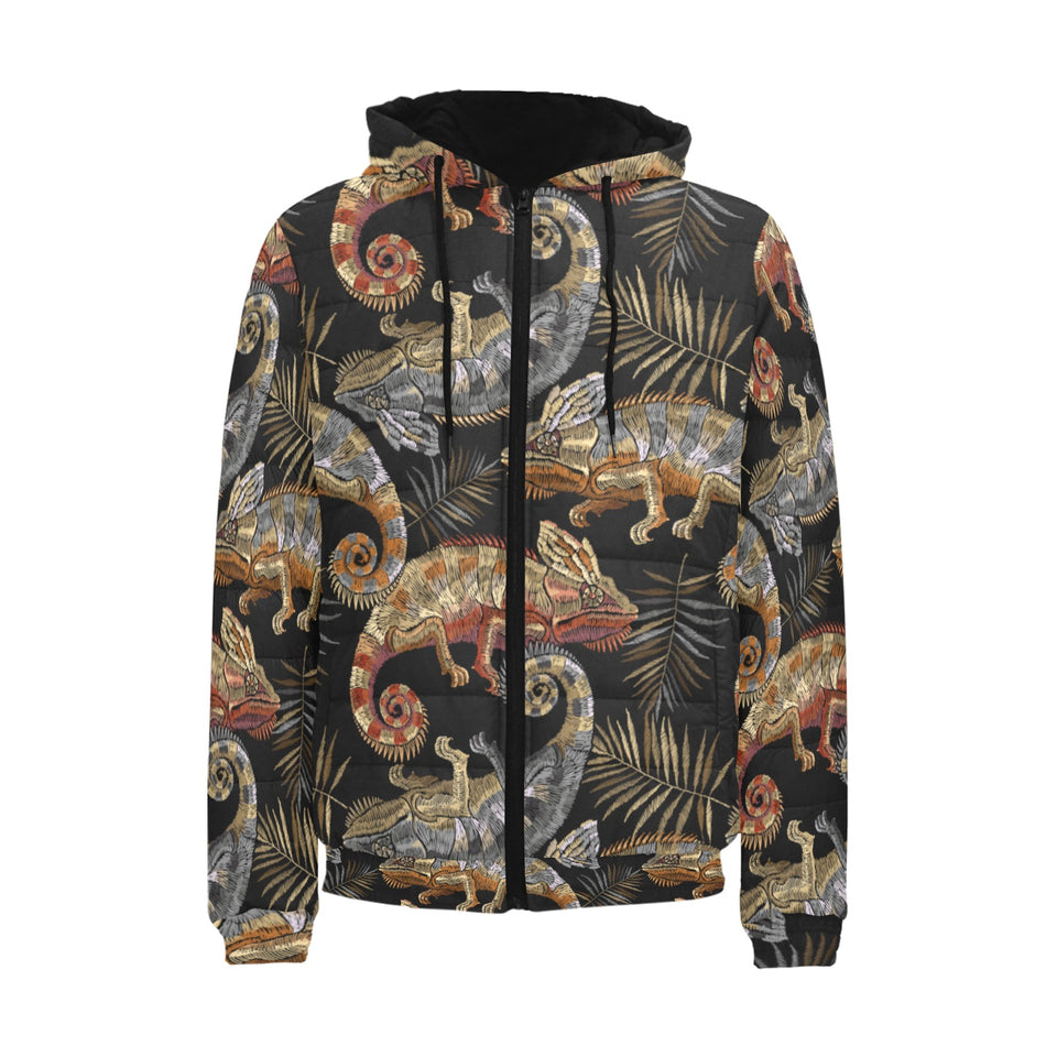 Chameleon lizard tropical leaves palm tree Men's Padded Hooded Jacket
