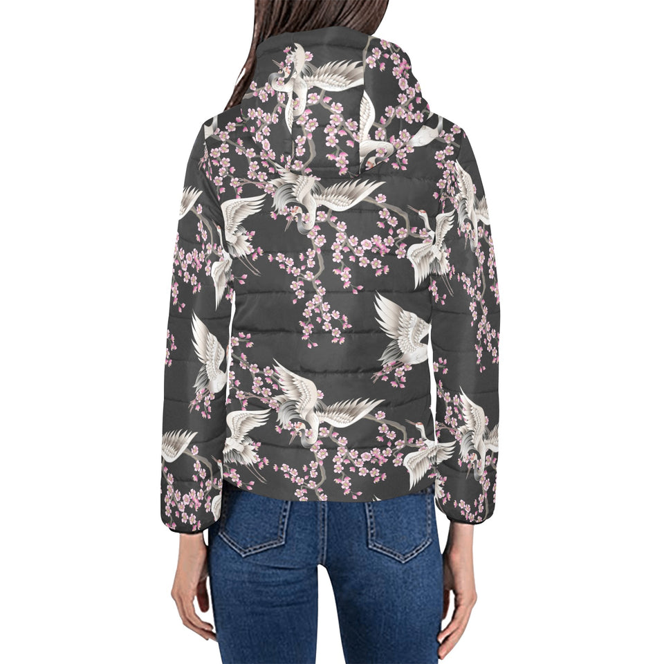Japanese crane pink sakura pattern Women's Padded Hooded Jacket