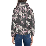 Japanese crane pink sakura pattern Women's Padded Hooded Jacket