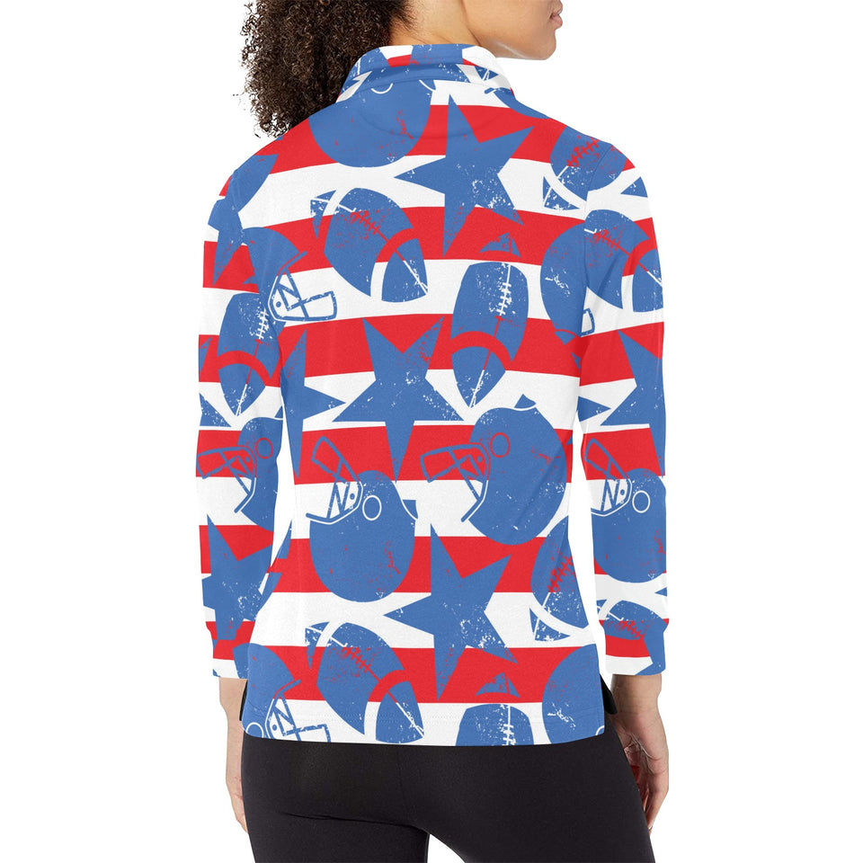 American football ball star stripes pattern Women's Long Sleeve Polo Shirt