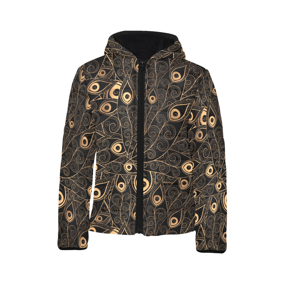 Gold peacock feather pattern Kids' Boys' Girls' Padded Hooded Jacket