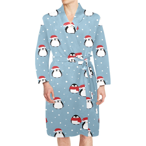 Cute penguin christmas snow pattern Men's Long Sleeve Belted Night Robe