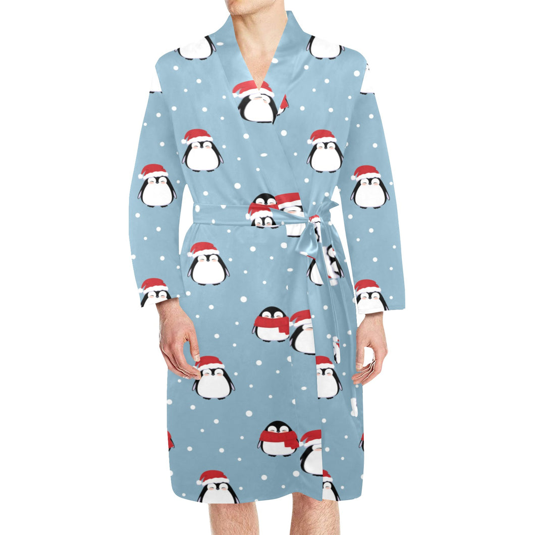 Cute penguin christmas snow pattern Men's Long Sleeve Belted Night Robe