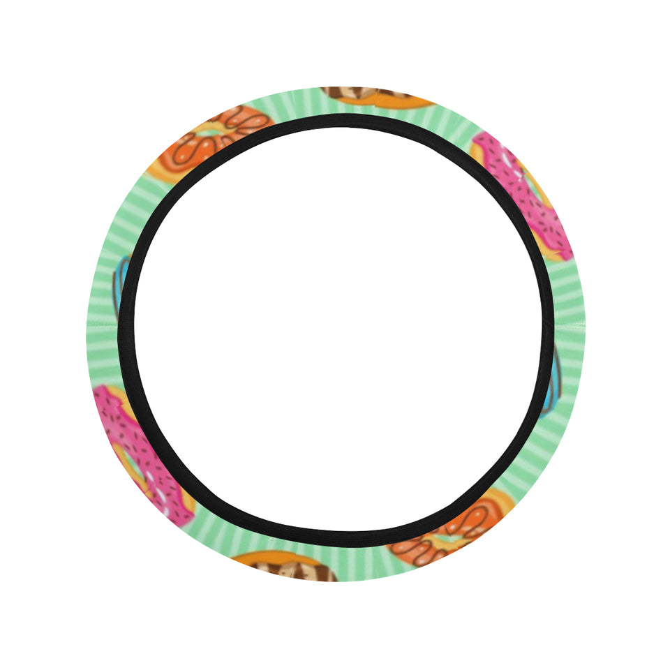 Colorful donut pattern green background Car Steering Wheel Cover