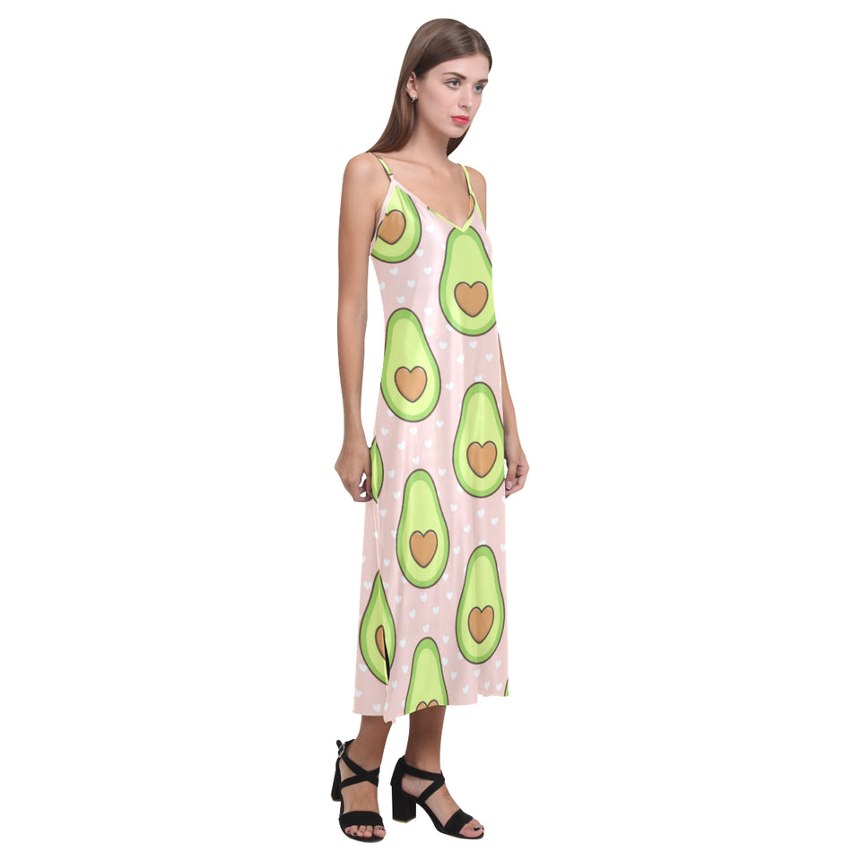 Avocado heart pink background V-Neck Open Fork Long Dress