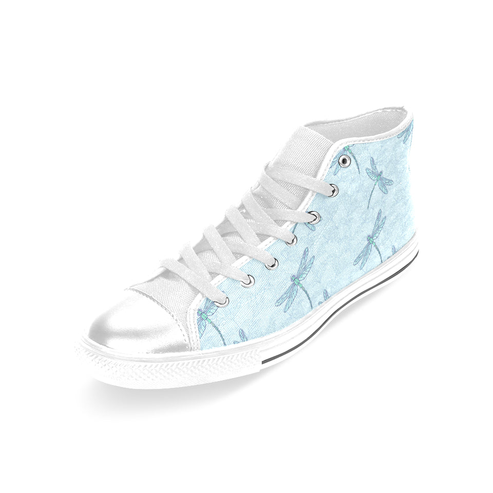 Dragonfly pattern blue background Women's High Top Canvas Shoes White