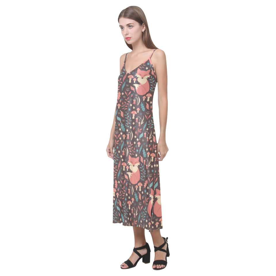 fox leaves mushroom pattern V-Neck Open Fork Long Dress