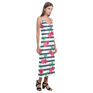 Hand drawn cherry pattern striped background V-Neck Open Fork Long Dress