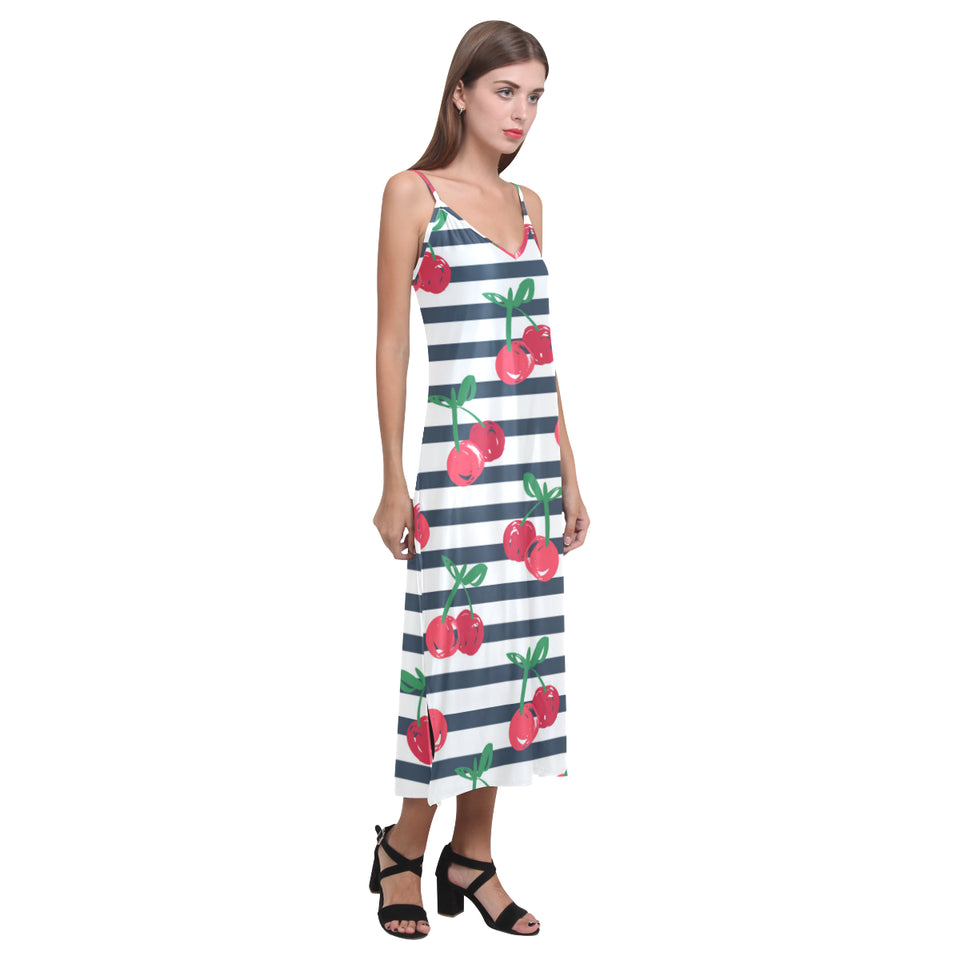 Hand drawn cherry pattern striped background V-Neck Open Fork Long Dress