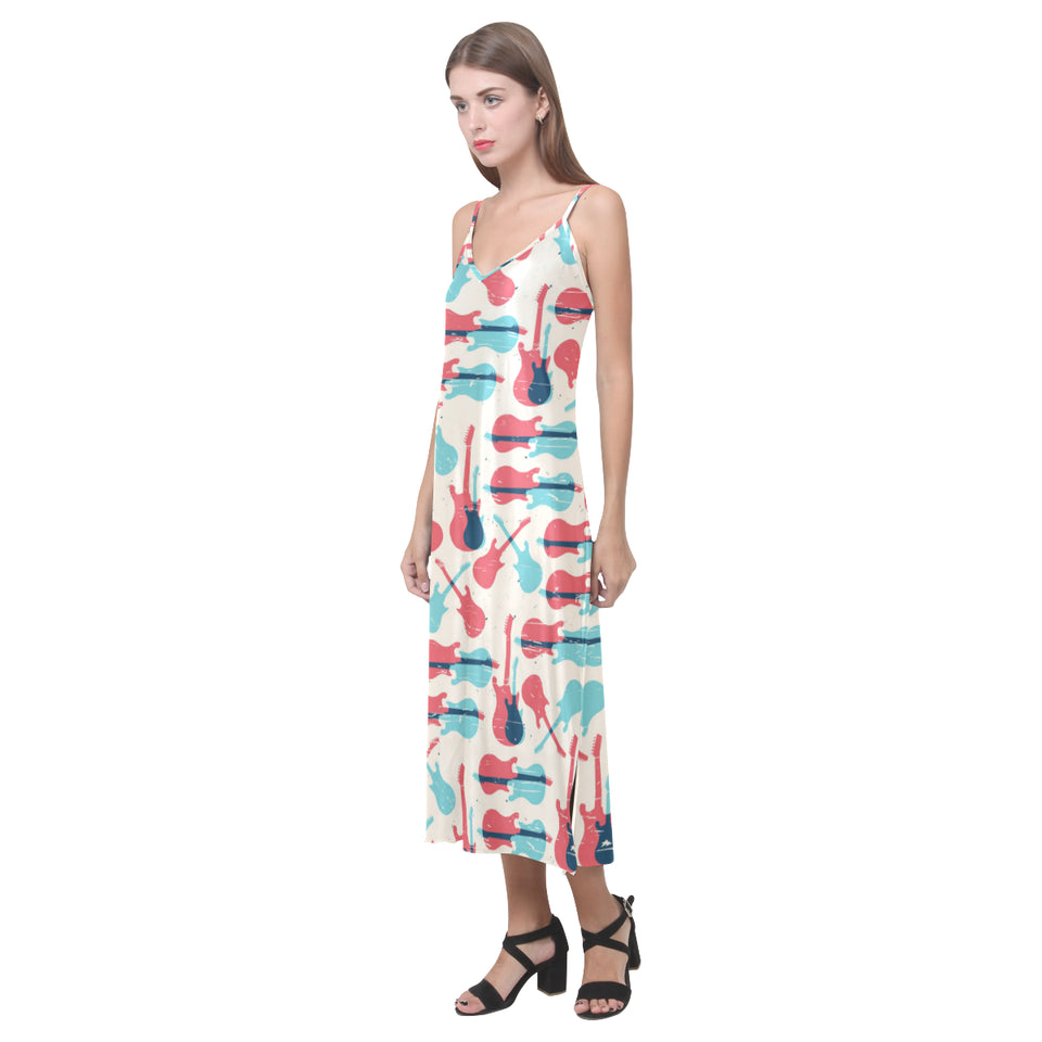 Red Blue guitar pattern V-Neck Open Fork Long Dress