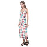Red Blue guitar pattern V-Neck Open Fork Long Dress