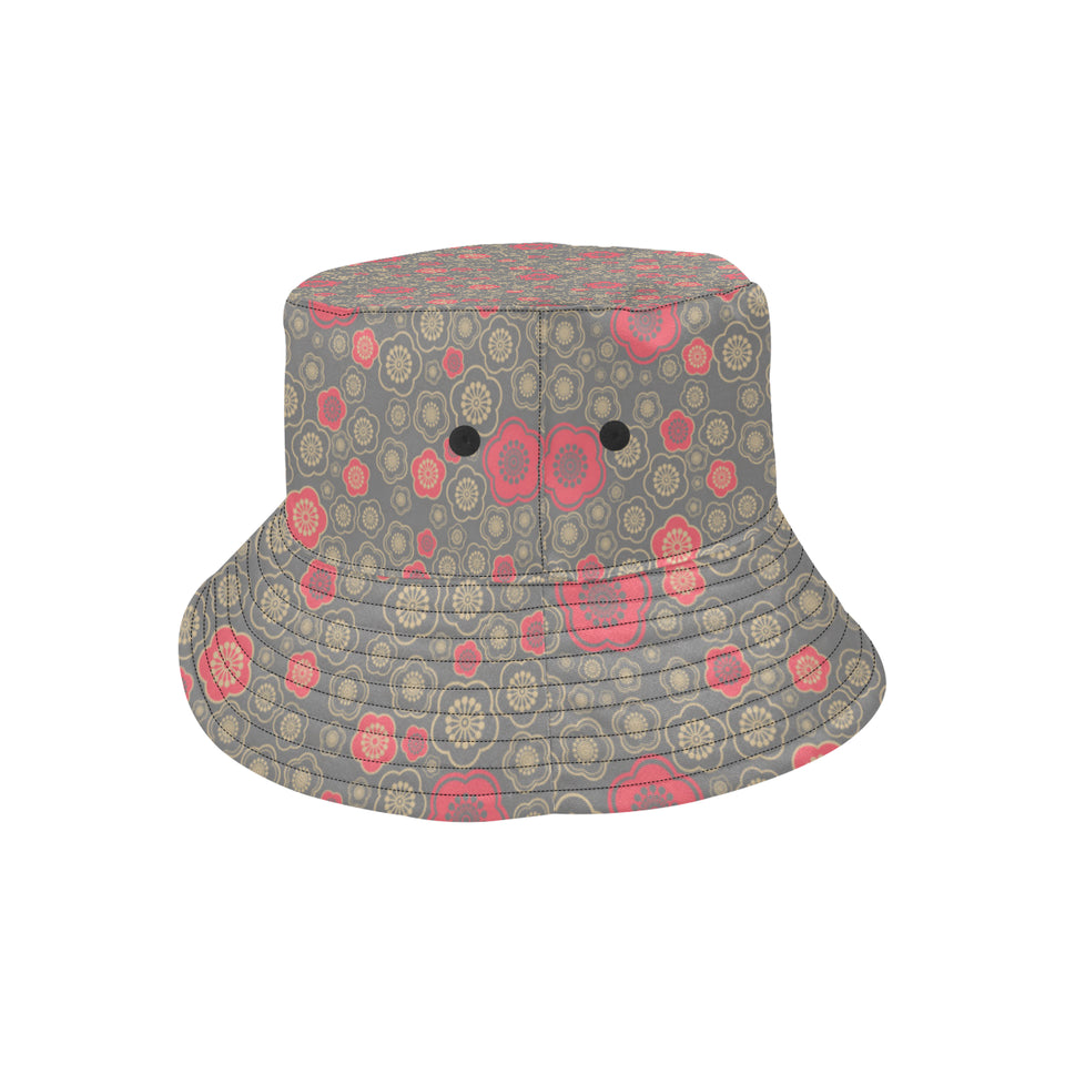 Red gold Sakura cherry blossom gray background Unisex Bucket Hat