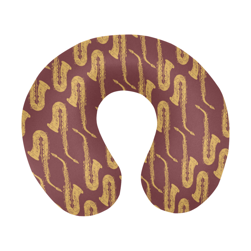 Hand drawn gold saxophone red background U-Shaped Travel Neck Pillow